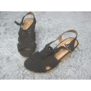SO Shoes Womens Size 8 Black Crochet Slingback Cork Wedge Sandals Platform